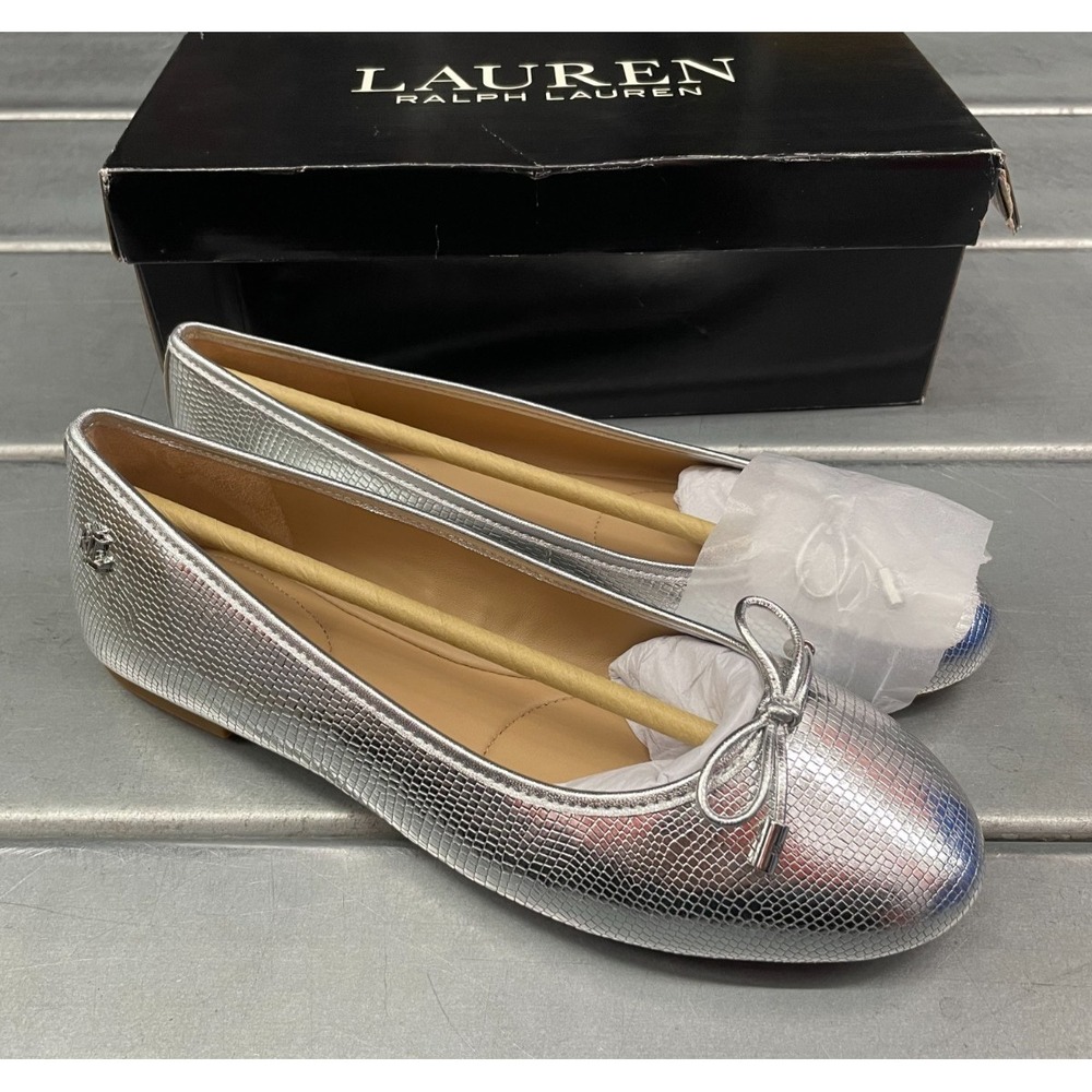 Lauren Ralph Lauren Jayna Flats‎ Ballet Womens 6 Silver Leather Bow Slip On